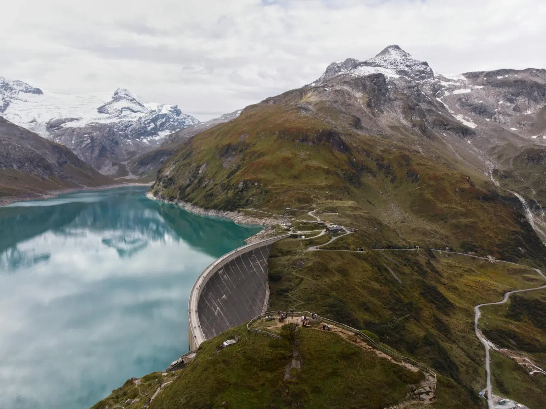 Aerial view of an Alpine hydropower station, illustrating electricity production in Austria